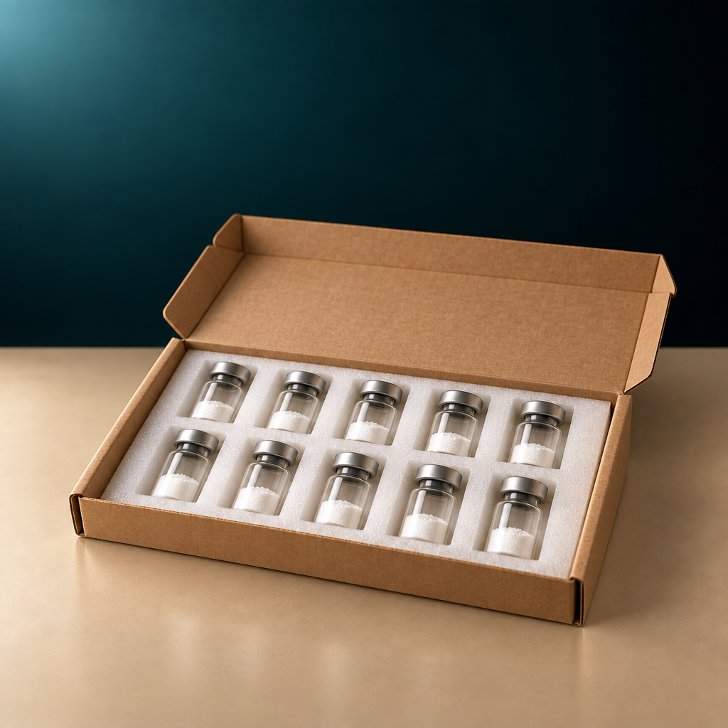 An open box of ten sealed glass vials
